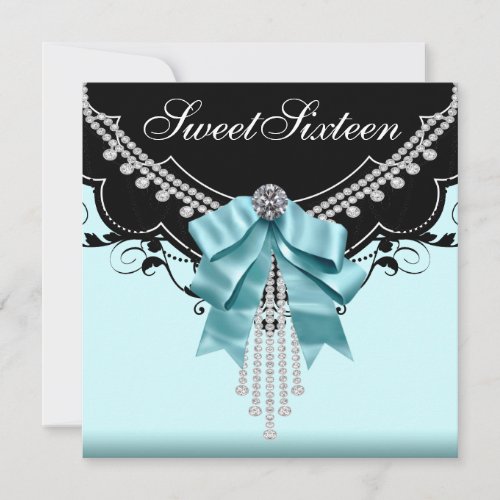 Black Teal Blue Sweet Sixteen Birthday Party Custom Invites