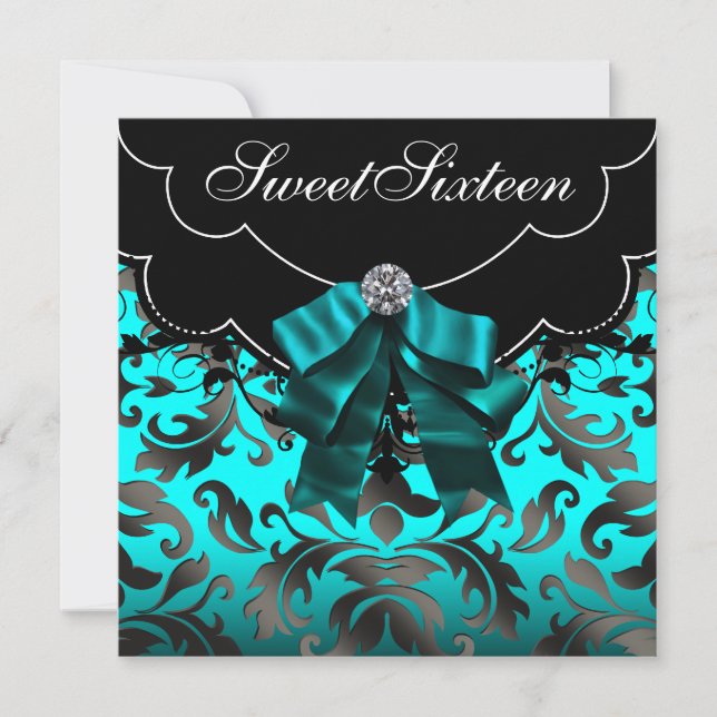 Black Teal Blue Sweet Sixteen Birthday Party Invitation (Front)
