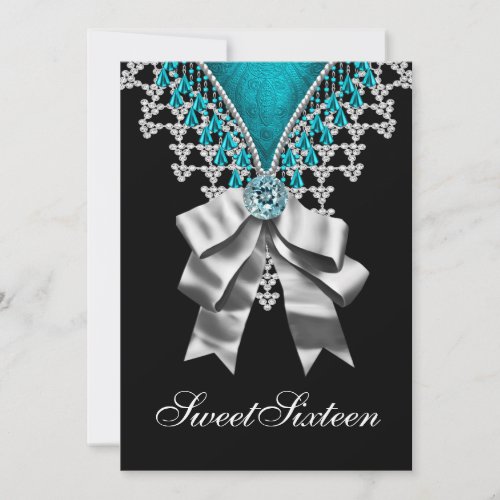 Black Teal Blue Sweet Sixteen Birthday Party Custom Invitations