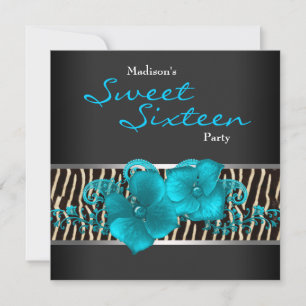 Black Teal Blue Zebra Sweet 16 Birthday Party Invitation