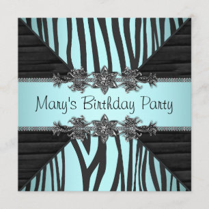 Black Teal Blue Zebra Womans Birthday Party Invitation
