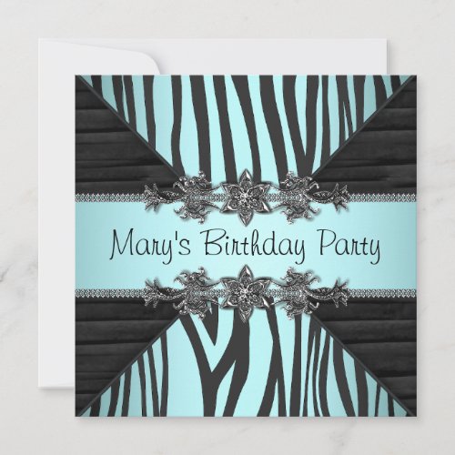 Black Teal Blue Zebra Womans Birthday Party Invitation