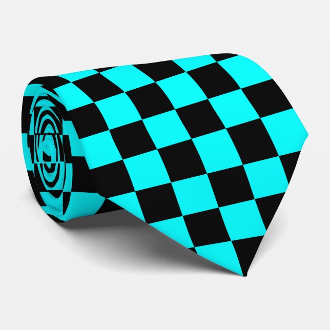 Black teal check pattern tiled neck tie (Rolled)