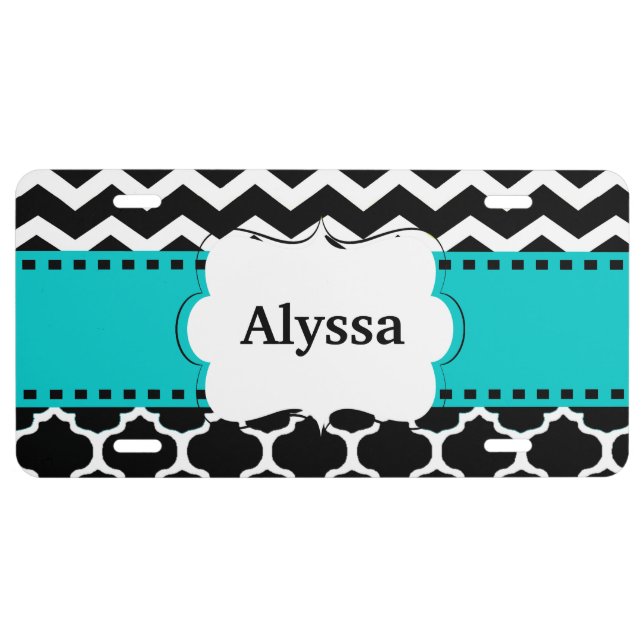 Black Teal Chevron Quatrefoil Personalized License Plate (Front)