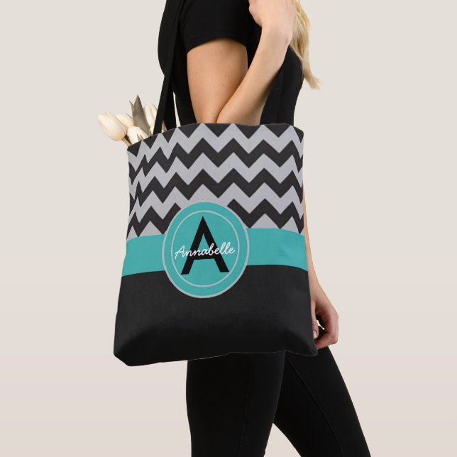 Black Teal Chevron Tote Bag (Close Up)