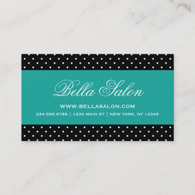 Black & Teal Cute Modern Polka Dots Business Card (Front)