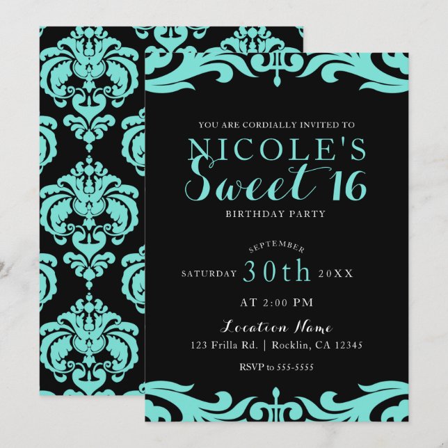 Black & Teal Damask Chic Elegant Sweet 16 Party Invitation (Front/Back)