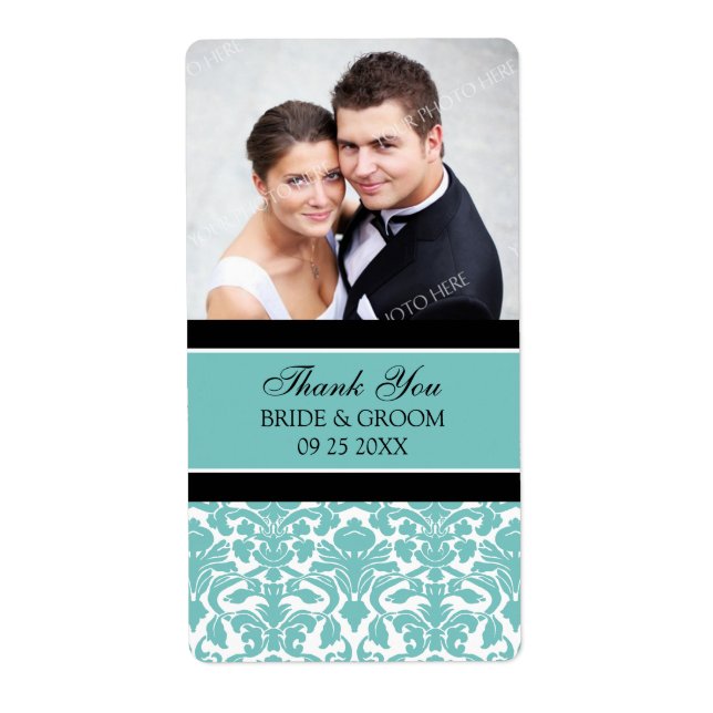 Black Teal Damask Photo Wedding Labels (Front)
