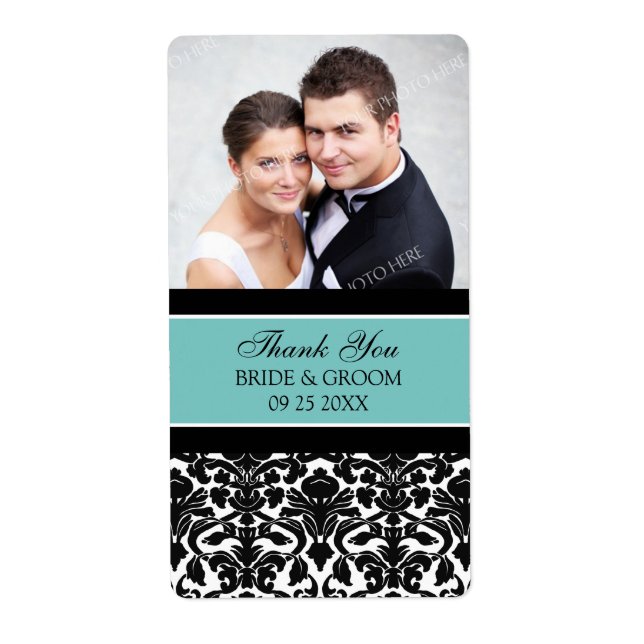 Black Teal Damask Photo Wedding Labels (Front)