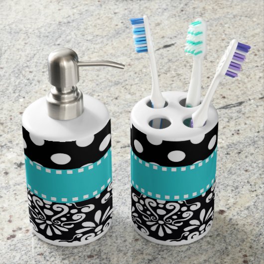 Black Teal Dots Chevron Bathroom Set (Front)