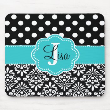 Black Teal Dots Damask Personalized Mouse Pad by mybabytee at Zazzle