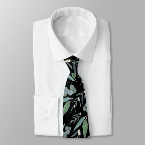 Black Teal Eucalyptus Greenery Pattern Neck Tie