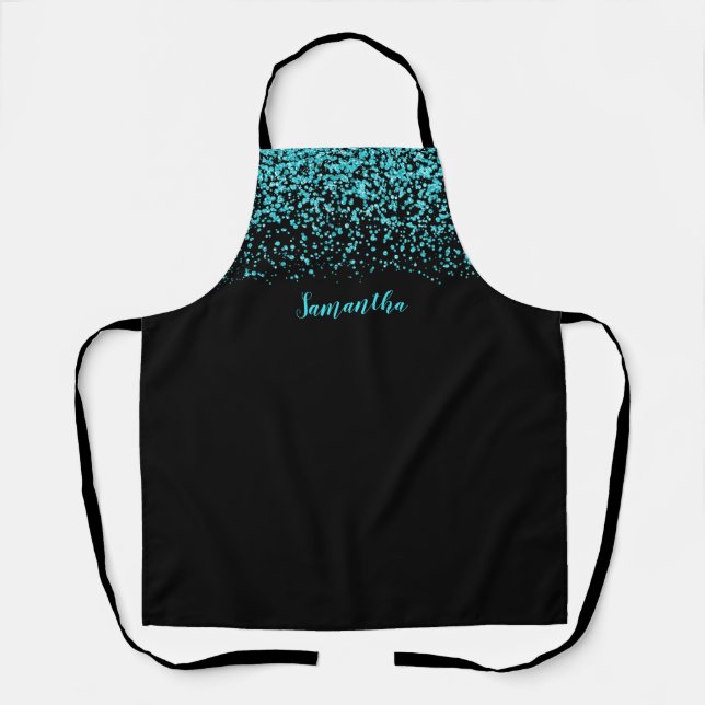 Black Teal Faux Glitter Personalized Apron (Front)