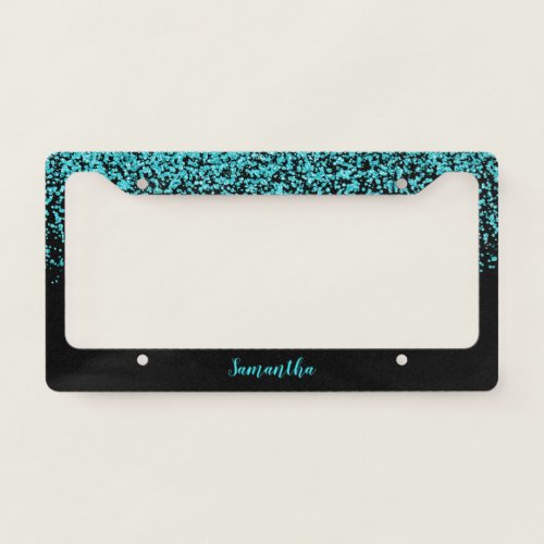 Black Teal Faux Glitter Personalized License Plate Frame