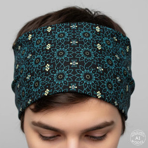 Black Teal Geometric Floral Mandala Pattern Bandana