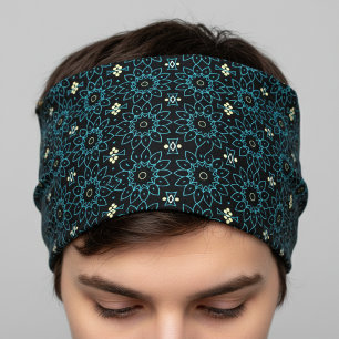Black Teal Geometric Floral Mandala Pattern Bandana