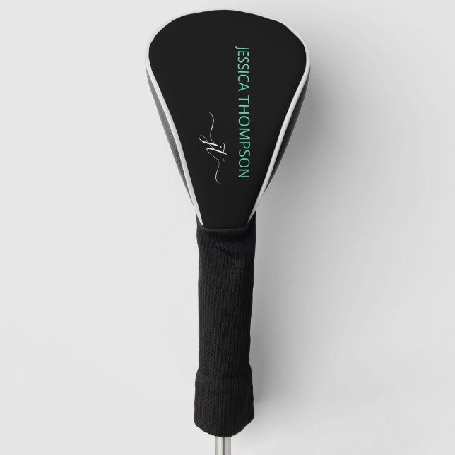 Black Teal Girly Golf Club Modern Monogram Name Golf Head Cover (Front)