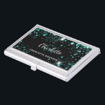 Black teal glitter dust green monogram name business card case<br><div class="desc">A classic black background. Decorated with teal,  sea green faux glitter dust.  Personalize and add your first name,  monogram initials and your full name.</div>