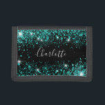 Black teal glitter dust green monogram name trifold wallet<br><div class="desc">A stylish black background. Decorated with teal,  sea green faux glitter dust. Personalize and add your name. The name is written with a hand lettered style script.</div>