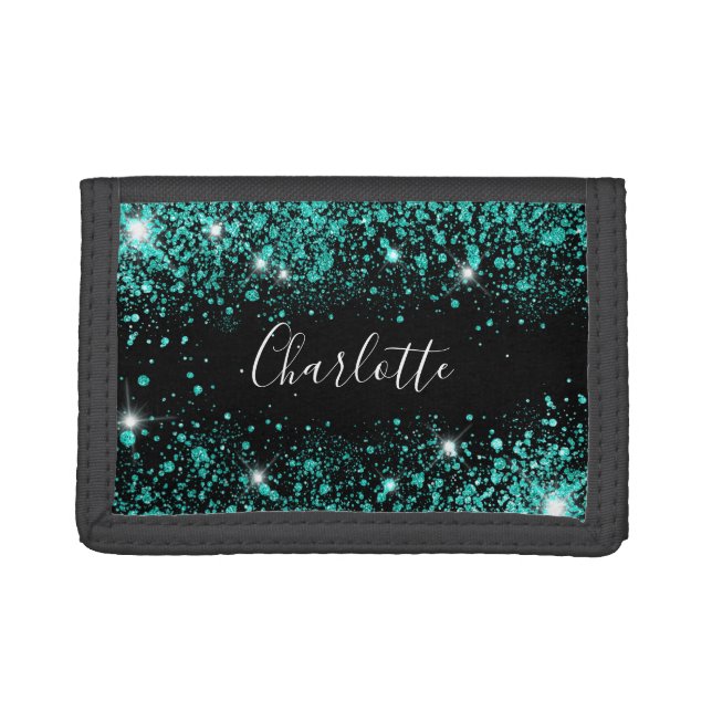 Black teal glitter dust green monogram name trifold wallet (Front)