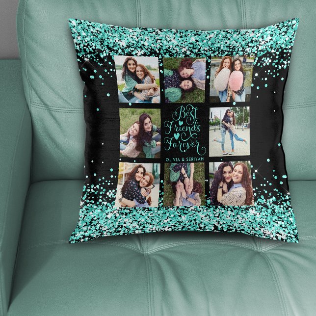 Black Teal Glitter Glam Best Friends Photo Collage Throw Pillow (Black Teal Glitter Glam Best Friends Photo Collage Throw Pillow)