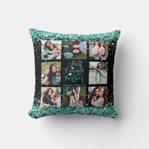 Black Teal Glitter Glam Best Friends Photo Collage Throw Pillow