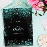 Black teal glitter green monogram initials 2024 planner<br><div class="desc">Black background,  white text. Decorated with teal,  sea green faux glitter dust. Personalize and add your monogram initials,  name and year.</div>
