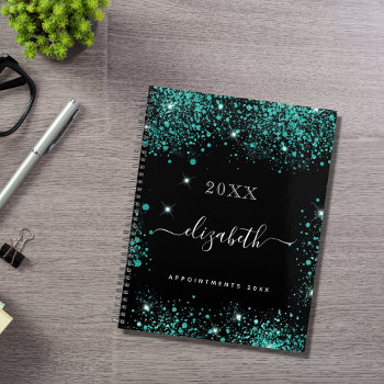 Black Teal Glitter Green Monogram Initials 2024 Planner by Thunes at Zazzle