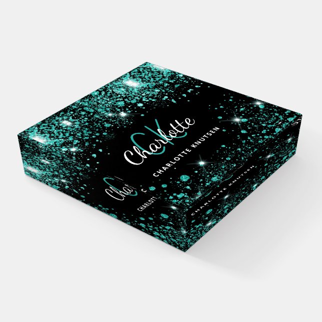Black teal glitter monogram initails name paperweight (Angled)