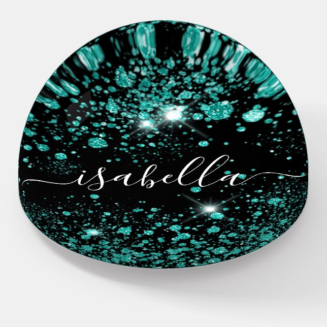 Black teal glitter monogram name script paperweight (Angled)