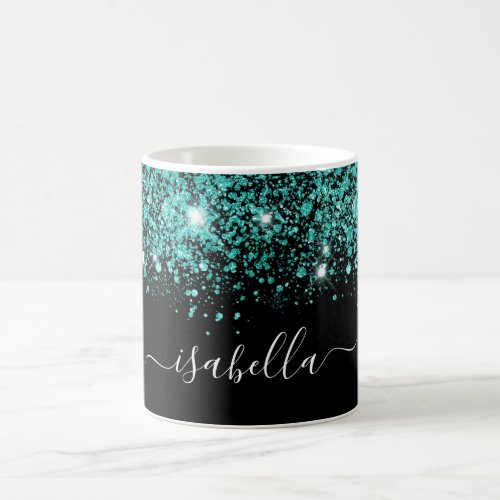 Black teal glitter name glam script coffee mug