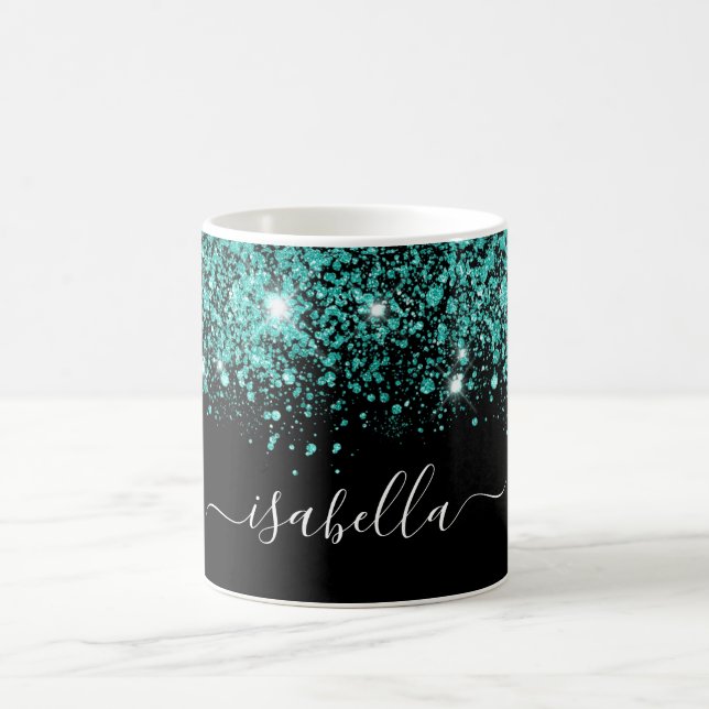 Black teal glitter name glam script coffee mug (Center)