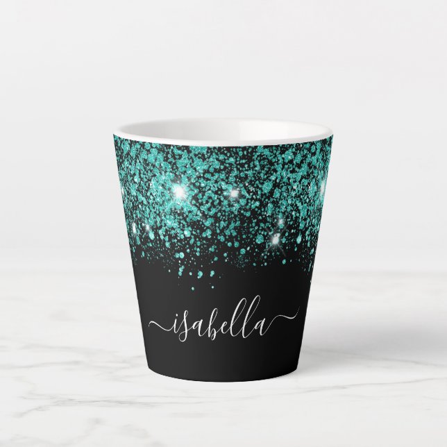 Black teal glitter name glam script latte mug (Front)