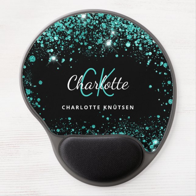 Black teal glitter sea green monogram name gel mouse pad (Front)