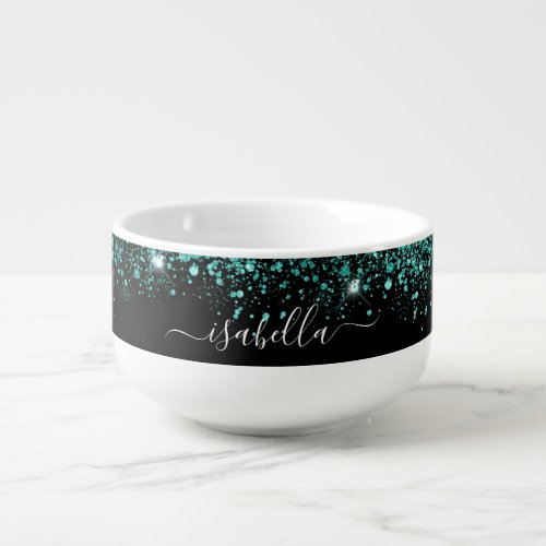 Black teal glitter sea green name script soup mug