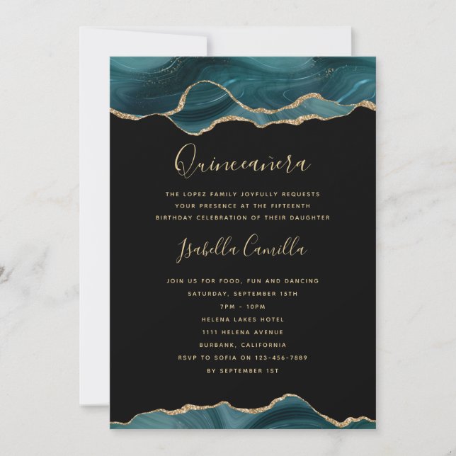 Black Teal Gold Agate Quinceanera Invitation (Front)
