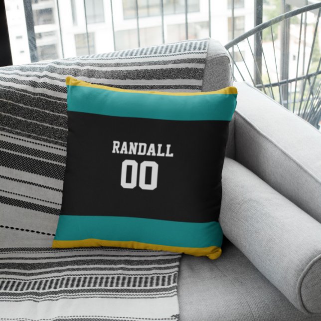 Black, Teal & Gold Football Team Personalized Throw Pillow (Creator Uploaded)