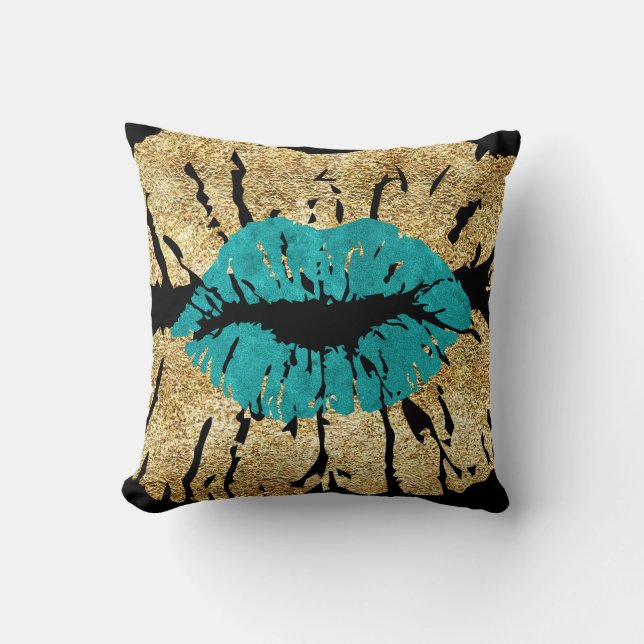 Black Teal Gold Glitter Kiss Lips Metallic Glam Throw Pillow (Front)
