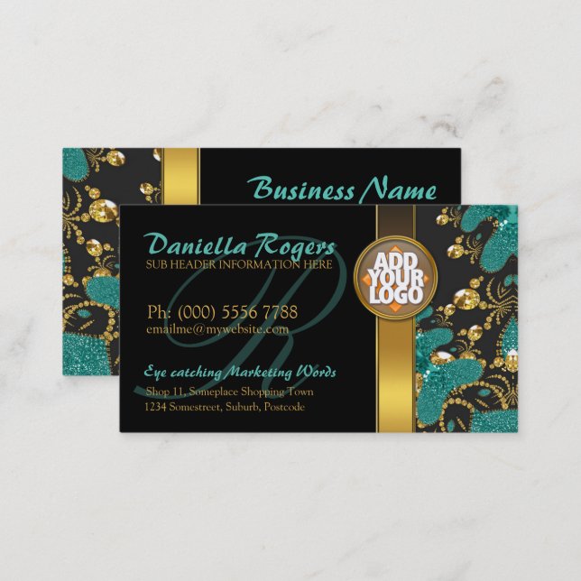 Black + Teal + Gold sparkle unique stylish dark Business Card (Front/Back)