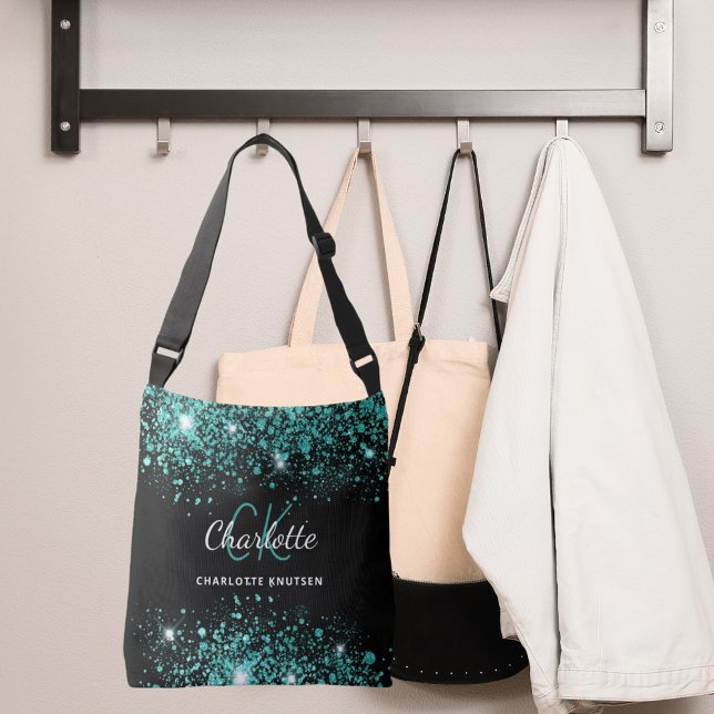 Black teal green glitter dust monogram crossbody bag (Creator Uploaded)