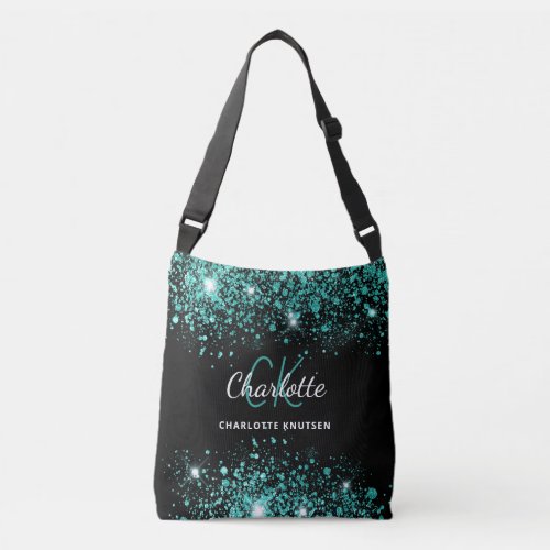 Black teal green glitter dust monogram crossbody bag