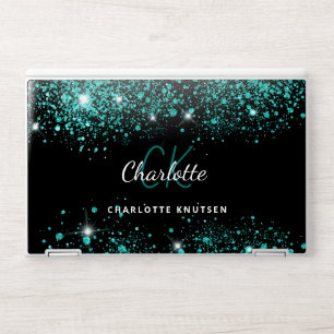 Black teal green glitter dust monogram HP laptop skin