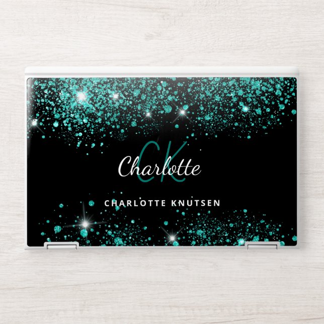 Black teal green glitter dust monogram HP laptop skin (Front)