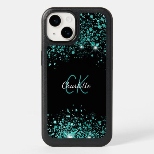 Black teal green glitter dust monogram OtterBox iPhone 14 case