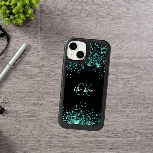 Black teal green glitter dust monogram OtterBox iPhone 14 case