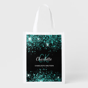 Black teal green glitter monogram grocery bag