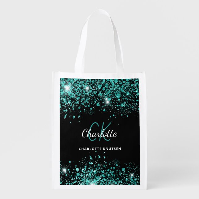 Black teal green glitter monogram grocery bag (Front)