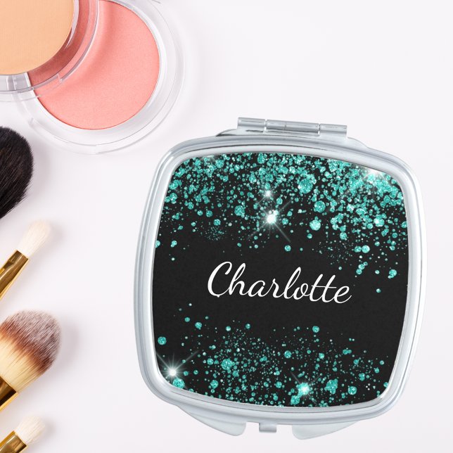 Black teal green glitter monogram name compact mirror (Creator Uploaded)
