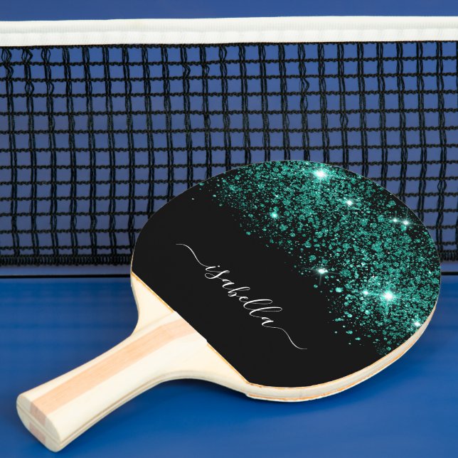 Black teal green glitter monogram name  ping pong paddle (Insitu)