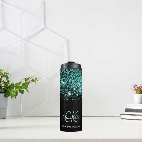 Black teal green glitter monogram name thermal tumbler